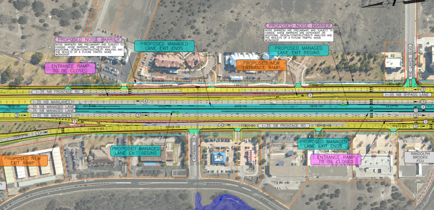 Schematic showing planned changes to I-35 south of Wells Branch Parkway, including managed lane adjustments, ramp closures, and noise barrier installations.