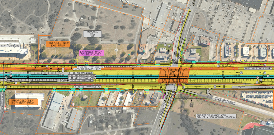 Schematic of the I-35 and Howard Lane intersection showing changes, including new entrance and exit ramps, managed lanes, noise barriers and updated frontage roads.