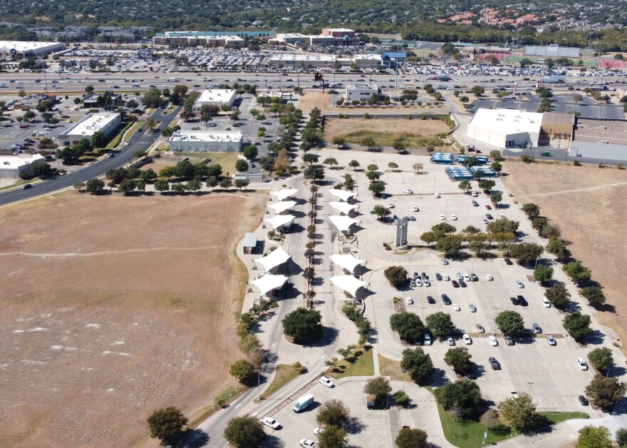 An aerial view of Capital Metro's Tech Ridge Park and Ride, showing its close proximity to I-35. 