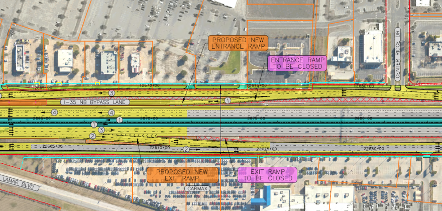 North is to the left in this schematic south of Howard Lane. Existing ramps would shift slightly. The southbound frontage road will grow from three lanes to four.