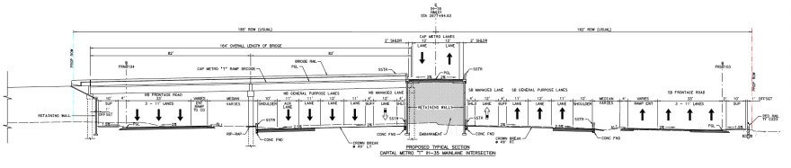 A cross-section diagram of a T-Ramp (so-named because it's the shape of a T) for Capital Metro buses to exit the managed lanes and drive over the northbound lanes to access the Tech Ridge Park and Ride. 