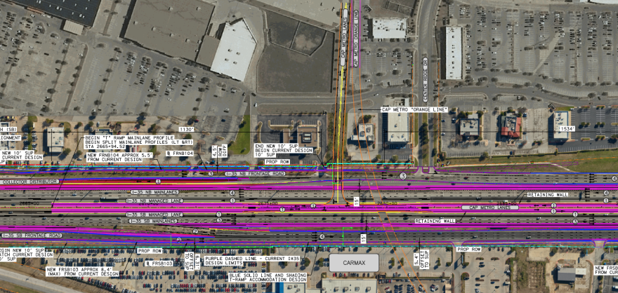 North is to the left in this overhead schematic showing how Capital Metro buses could exit the managed lanes in the middle of I-35 and turn onto a ramp crossing over the northbound lanes to access the Tech Ridge Park and Ride just slightly to the east of the highway.