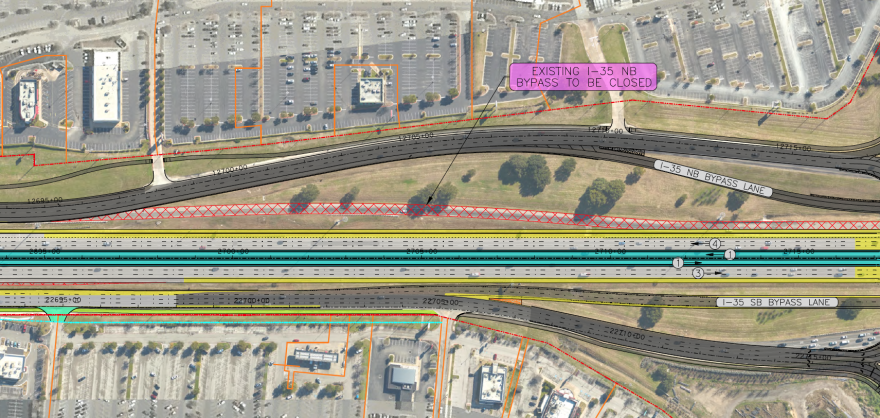 North is left in this overhead schematic showing the existing northbound bypass lane north of Parmer. 