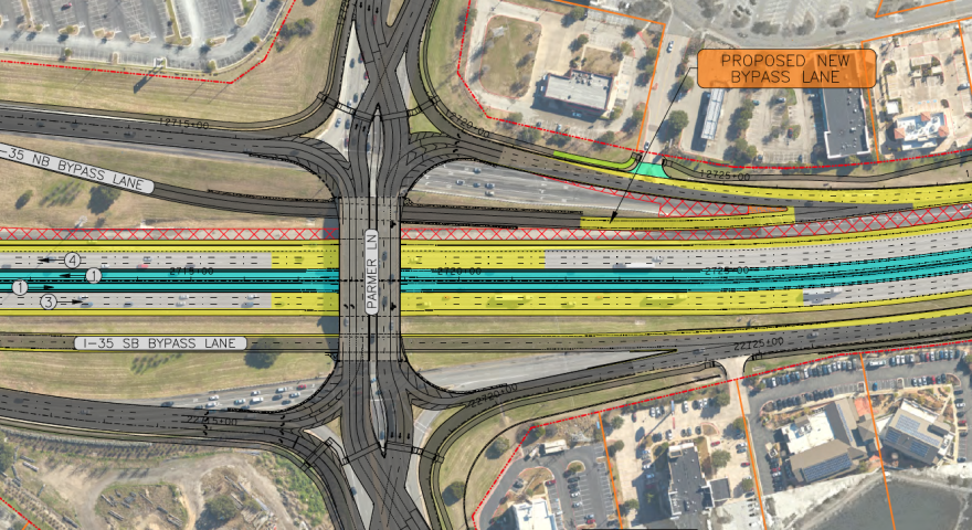 North is to the left in this schematic of the I-35 and Parmer Lane intersections. The area shaded dark grey shows the work already completed by 2022 as part of the project to convert Parmer to a diverging diamond intersection.