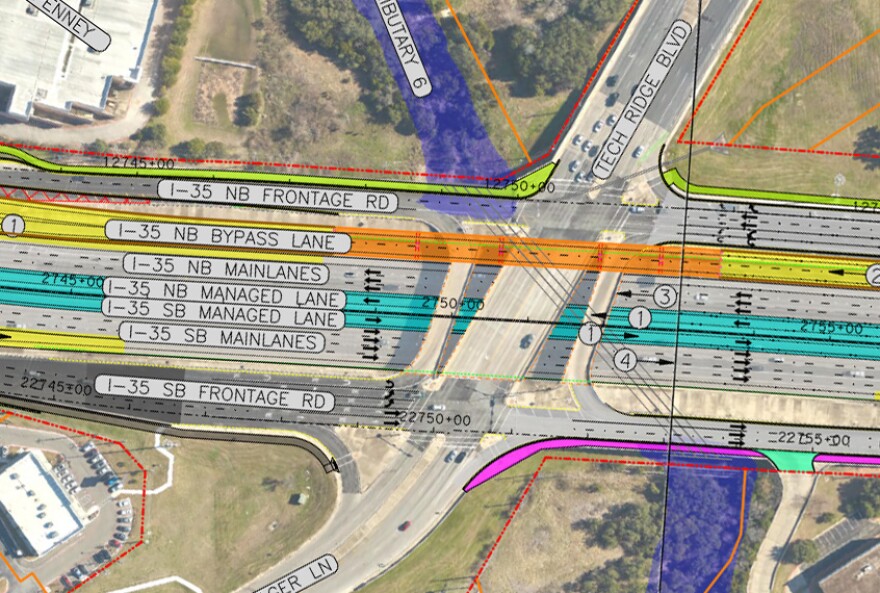 North is to the left in this schematic of the bridge over I-35 at Yager Lane/Tech Ridge Boulevard. A northbound bypass lane will be installed as a bridge over the intersection.