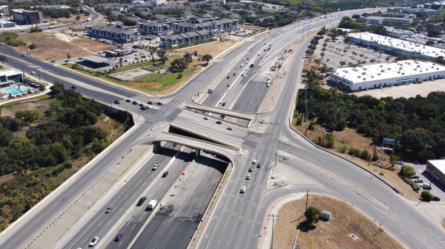 An aerial view of the bridge over I-35 where Yager Lane meets Tech Ridge Boulevard. 