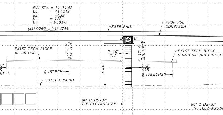 A technical illustration showing a northbound frontage road bypass lane to be constructed over the Yager Lane intersection with I-35. The viewpoint here is as if you're on the west side of I-35 looking east across the highway. 