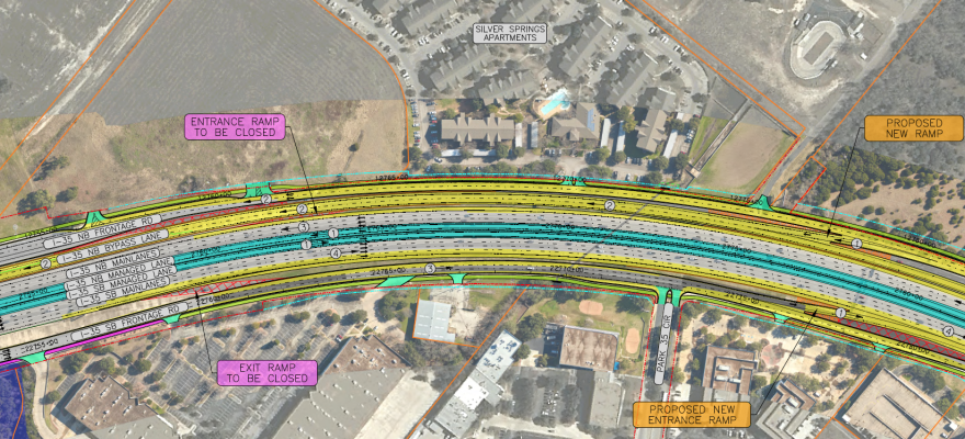 The schematic, oriented so north is left, shows changing ramp configurations south of Yager Lane/Tech Ridge Boulevard.