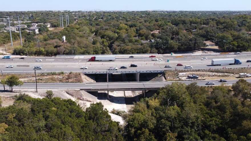  An aerial view of the I-35 bridges over Walnut Creek. 