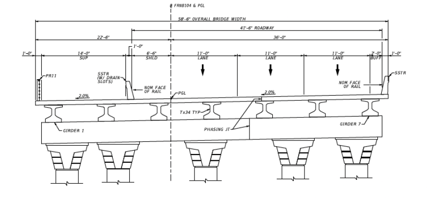 A cross-sectional view of the frontage road bridge over Walnut Creek, showing widened sidewalks and a railing to protect non-drivers from cars traveling at 60 mph or more.