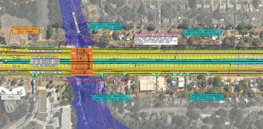 North is to the left in this schematic showing the I-35 crossing over Walnut Creek. The city and TxDOT are working to build trails beneath the bridges. Entrances to both the northbound and southbound managed lanes will be built in this section.