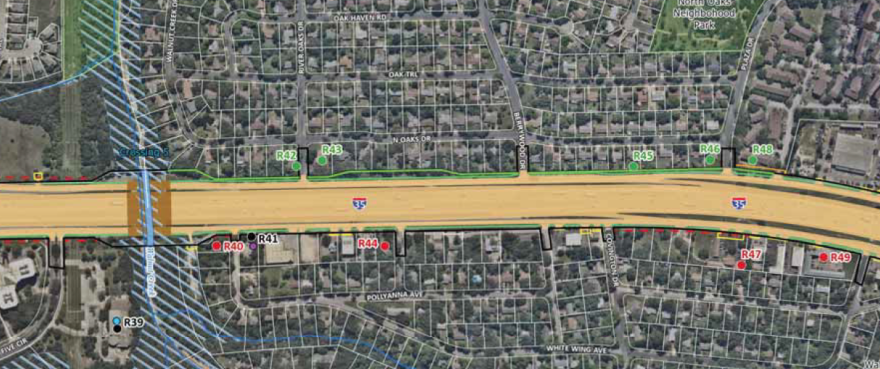 A map showing the noise barrier between Walnut Creek and Braker Lane indicated by a green line running more than half-a-mile along the perimeter of the North Oaks neighborhood.