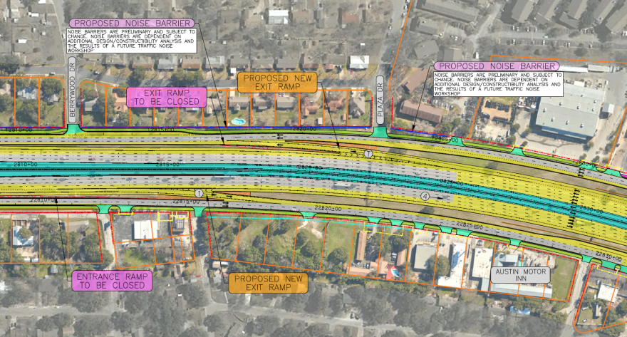 North is to the left in this schematic showing new ramp configurations and noise barriers planned for south of Walnut Creek and north of Braker Lane.