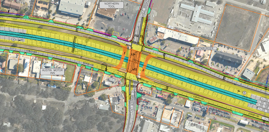 North is to the left in this schematic showing plans for a new Braker Lane bridge over I-35. The expanded crossing will get new u-turn lanes in both directions. 