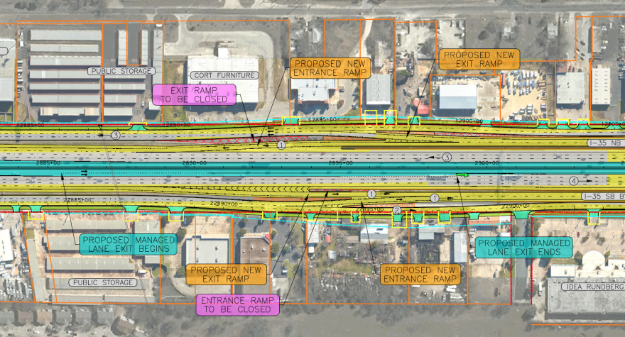 Another overhead schematic, oriented so north is left, showing the area just north of Rundberg Lane. Drivers on the southbound managed lane could get off I-35 but not in time to make the Rundberg exit. Drivers on the frontage roads can skip the Rundberg intersection by getting on bypass lanes beginning here.