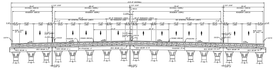 A cross-section of a I-35 after completed at Rundberg Lane. This technical illustration doesn't show the frontage lanes. From left to right, the northbound side shows a 6-foot shoulder, two 12-foot-wide bypass lanes, a 5-foot shoulder, a barrier, a 10-foot shoulder, three general purpose lanes, a 12-foot-wide northbound HOV lane, a 5-foot-shoulder. The southbound side from left to right has a 5-foot-wide shoulder, a 12-foot-wide southbound HOV lane, three general purpose lanes, an 11-foot-wide merge lane, a 10-foot wide shoulder, a barrier, a 5-foot-wide shoulder, two bypass lanes and a 6-foot-wide shoulder. For a closer view, right click and download the image, or copy the image address and paste in a new browser window.