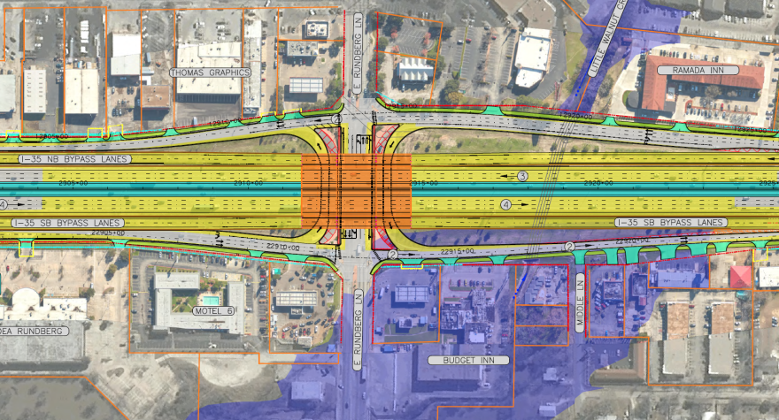 The overhead schematic of I-35 crossing over Rundberg Lane. The bridge will widen along with the footprint of Rundberg underneath it. The u-turn lanes will move outward and widen. New 12-foot-wide sidewalks will run under both sides. 