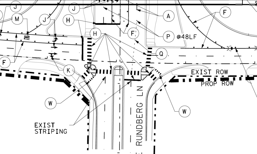 North is to the left in this illustration of the pavement markings on the west side of I-35 at Rundberg Lane. Southbound and eastbound cars and trucks can easily turn right in the slip lanes. Pedestrians won't have a traffic signal.