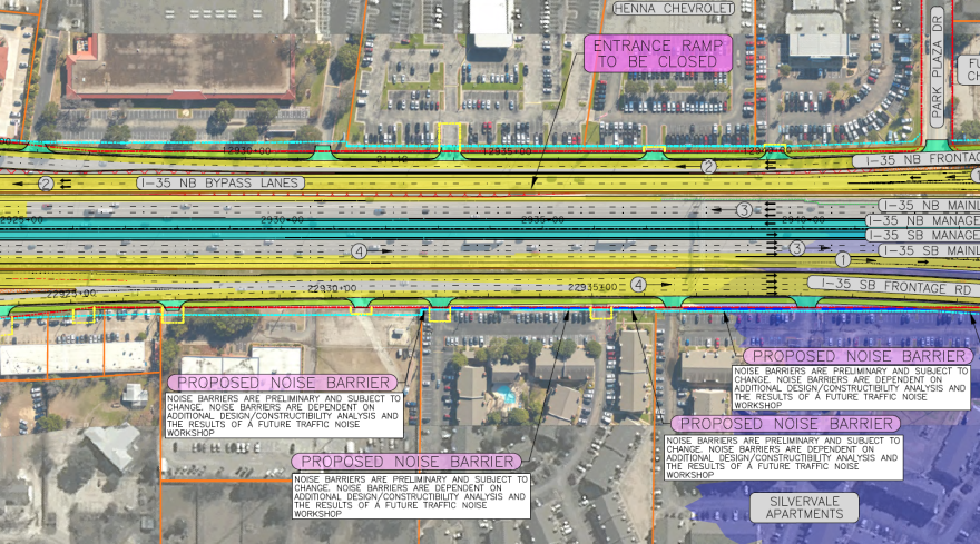 An overhead schematic rotated so north is to the left, showing the location of 20-foot tall noise barriers and the closure of a northbound entrance ramp near Henna Chevrolet.