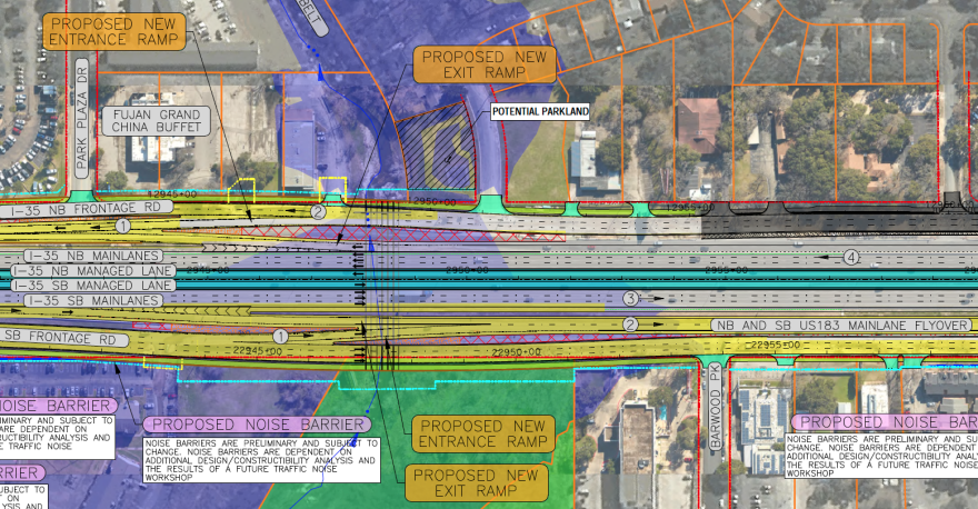 North is to the left in this overhead schematic at Little Walnut Creek showing the location of new entrance ramps both to I-35 and U.S. 183. TxDOT is expropriating almost 0.7 acres from the Upper Little Walnut Creek Greenbelt, including about half an acre from the existing parkland west of I-35 and 0.05 acre — or 2,100 square feet — from proposed parkland on the east of I-35. As a "mitigation" intended to reduce the harm of seizing parkland, TxDOT is including a bicycle and pedestrian crossing under I-35 at Little Walnut Creek that will connect to the frontage road sidewalks.