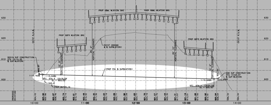  A technical drawing showing a cross-section of I-35 at Walnut Creek. The section highlighted by KUT shows a 10-foot-wide pedestrian path planned to cross under the highway. 