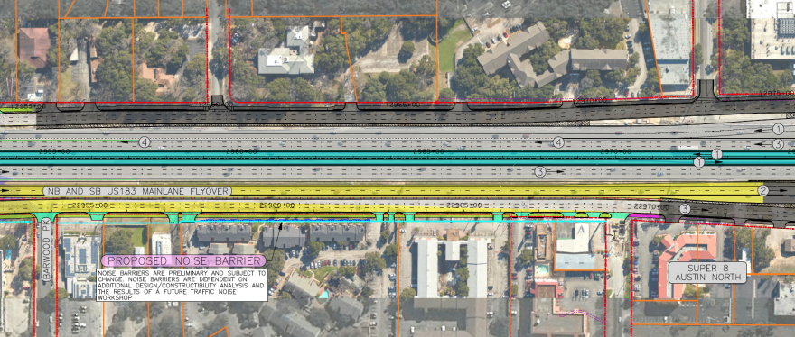 North is to the left in this overhead schematic just north of U.S. 183 showing the location of noise barriers planned along the west side of the highway in front of Towne Oaks 1 Apartments.