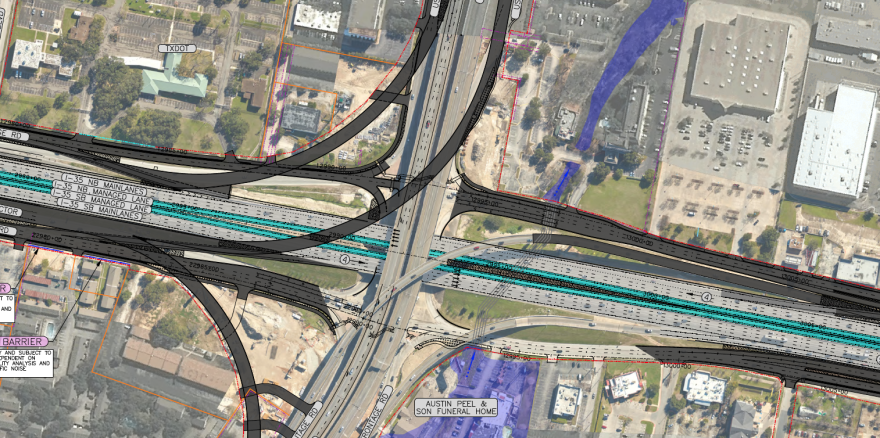 An overhead schematic of I-35 at U.S. 183, with north to the left. The roads shaded gray were recently worked on as part of another road project that ended in 2022. 