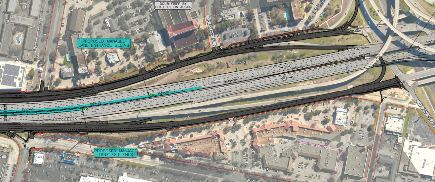 An overhead schematic showing the southern end of the I-35 Capital Express North project, which starts just past U.S. 290. The entrances and exits of the managed anes are here. The area shaded dark gray has already been constructed. 