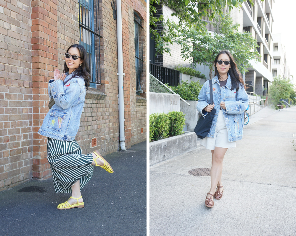 woman wearing alemais denim jacket in blog post sharing review in street style photography