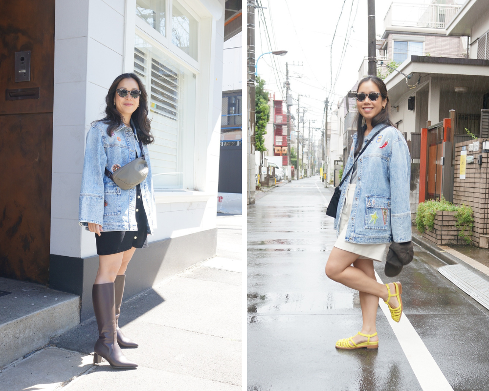 woman wearing alemais denim jacket in blog post sharing review in street style photo