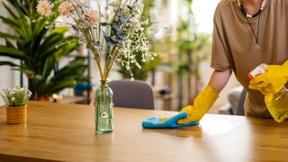 woman cleaning dining table