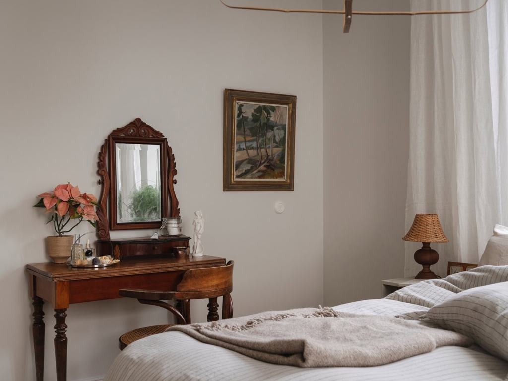 A bedroom with beige and white textiles and a vintage vanity