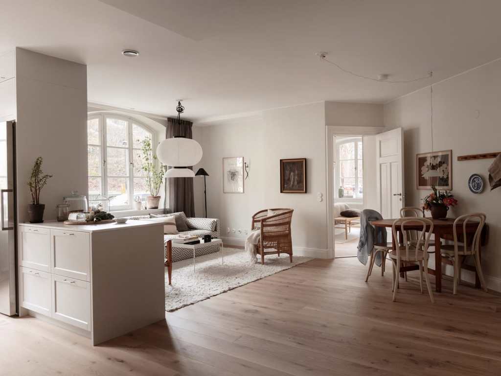 A living kitchen with a kitchen island separating the different functional areas