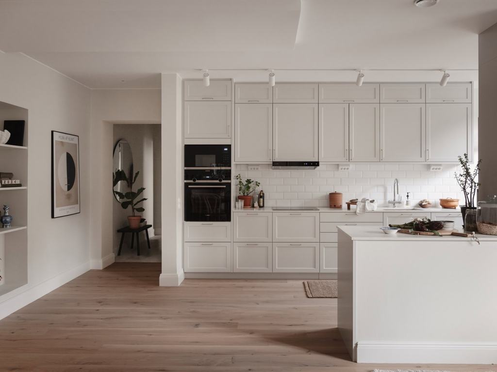 A light grey kitchen with a white subway tile backsplash, stainless steel hardware and a small kitchen island