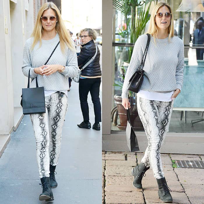 Bar Refaeli masters laid-back chic in snake-print jeans, combat boots, and a cozy sweater while shopping in Milan, Italy, on May 17, 2013