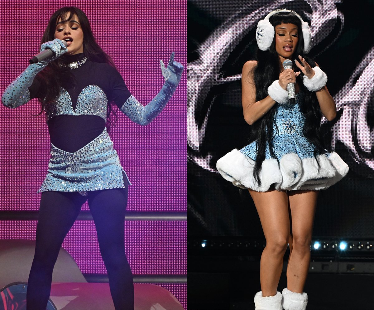 Camila Cabello and Saweetie wear matching crystal-embellished icy blue outfits at iHeartRadio Y100's Jingle Ball 2024 at the Kaseya