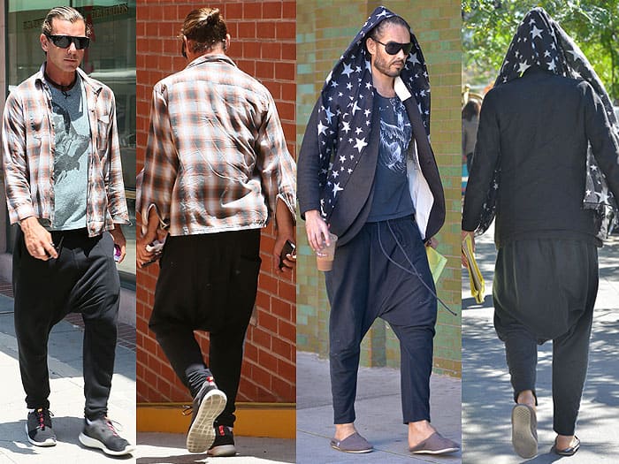 Gavin Rossdale combines comfort with style during a busy day in Beverly Hills, while Russell Brand opts for a relaxed, bohemian look as he steps out of a Manhattan coffee shop, each embracing the laid-back yet trendy appeal of drop-crotch pants