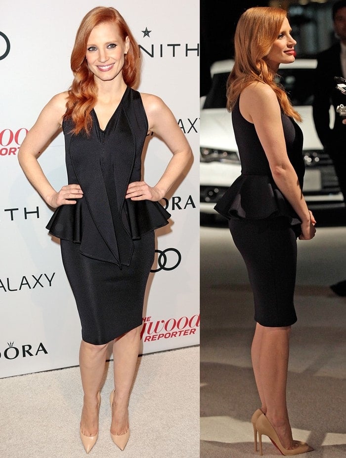 Jessica Chastain styled her black peplum cocktail dress with nude high heels