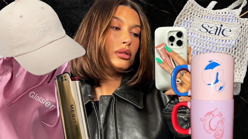 A collage featuring Hailey Bieber, mugs, hoodies, caps and bags