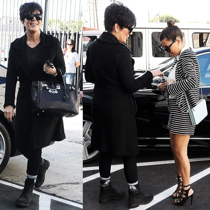 Kris Jenner adds a rugged twist to her sleek all-black ensemble with dark Timberland boots and statement socks, exuding effortless sophistication and edge