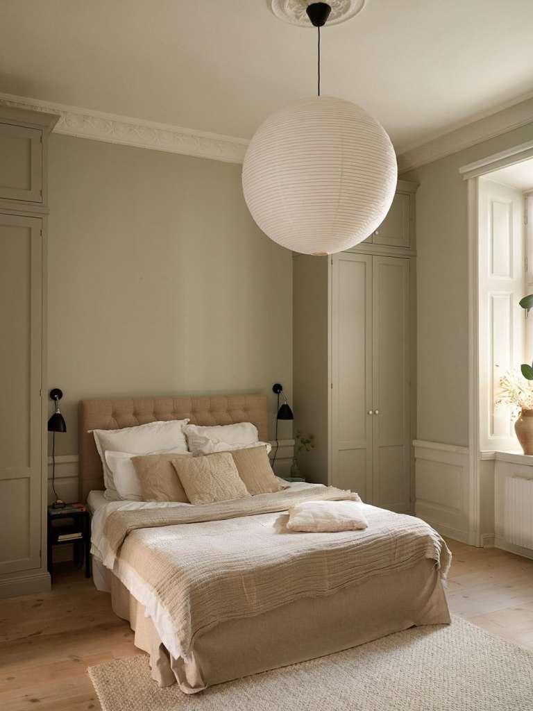 A bedroom with grey walls with green undertones, beige textiles and custom wardrobes flanking the bed