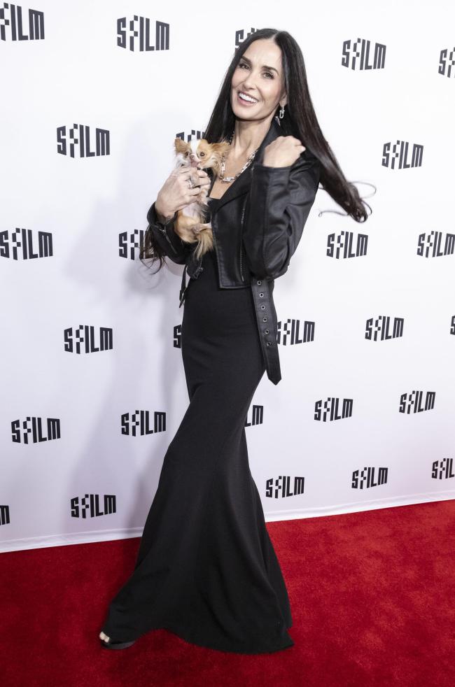 Demi Moore wears the GapStudio Coated Denim Cropped Moto Jacket and GapStudio Ribbed Tank Maxi Dress in Black designed by Gap Inc. Executive Vice President and Creative Director Zac Posen at San Francisco Film Festival Awards. 
