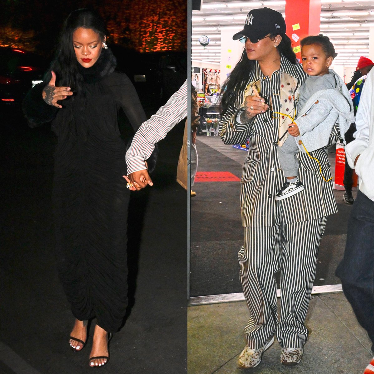 Rihanna showcases her diverse style for a night out with baby daddy A$AP Rocky, wearing a long black dress by Magda Butrym with Tom Ford heels and a striped jacket suit by Bottega Veneta with Fenty x Puma sneakers