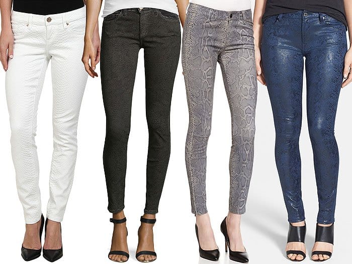 A variety of snake-print jeans: from crisp white and classic black to subtle gray and bold blue, perfect for elevating any outfit with a touch of edge