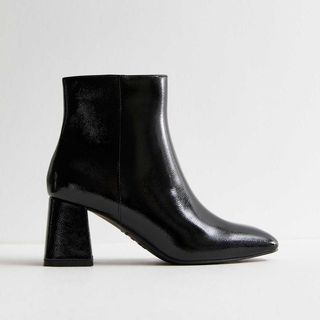 Black Square-Toe Block Heel Ankle Boots