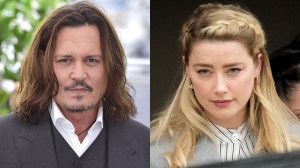 Johnny Depp in a suit and Amber Heard in a suit.