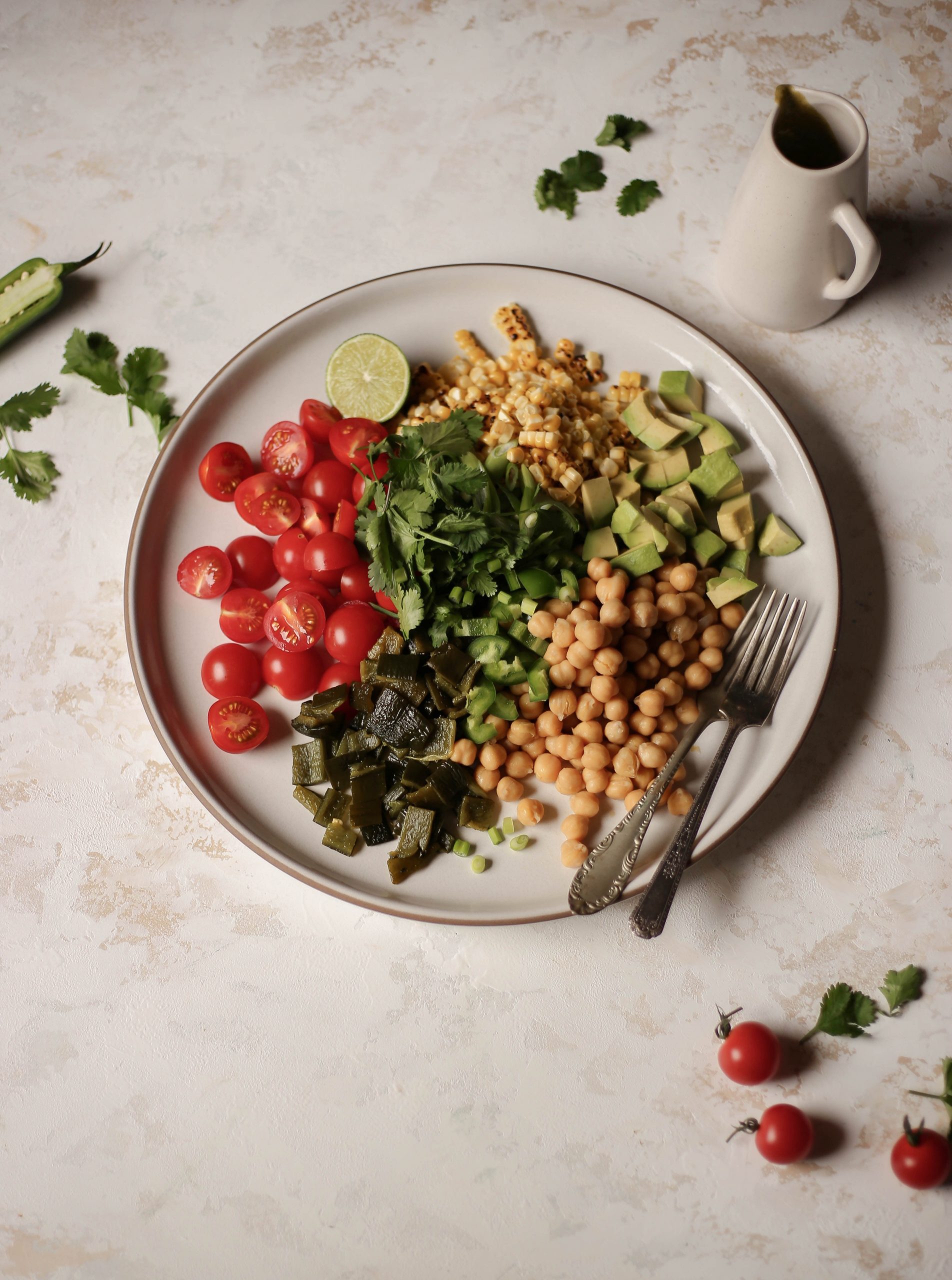 corn and chickpea salad with roasted poblano vinaigrette