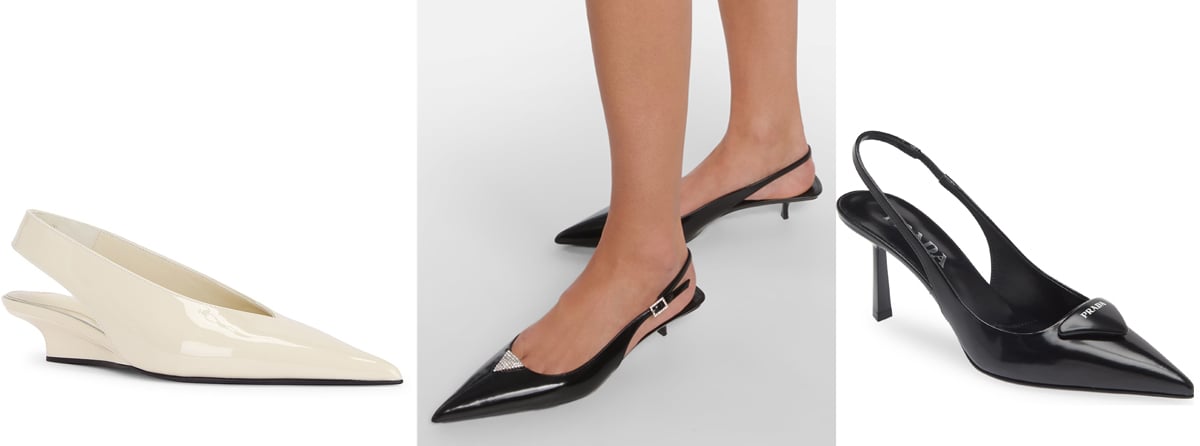 Sophisticated slingback pumps with pointed toes, featuring Toteme wedge heels, Saint Laurent leather pumps, and Prada Modellerie designs