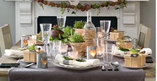 Close up of a dining table styled for Christmas