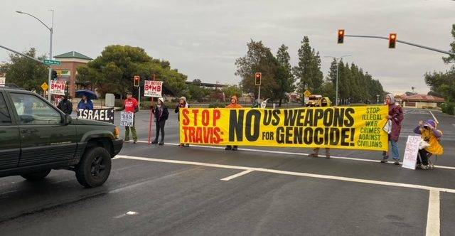 stop-travis-no-us-weapons-for-genocide-shutdown-all-4-entrances-112024-by-peoples-arms-embargo, Mass blockade at Travis Air Force Base protests the arming of Israel, Local News & Views 